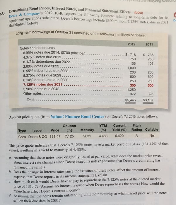  Determining Bond prices, Interest Rates, and Financial Statement Effects Deere &