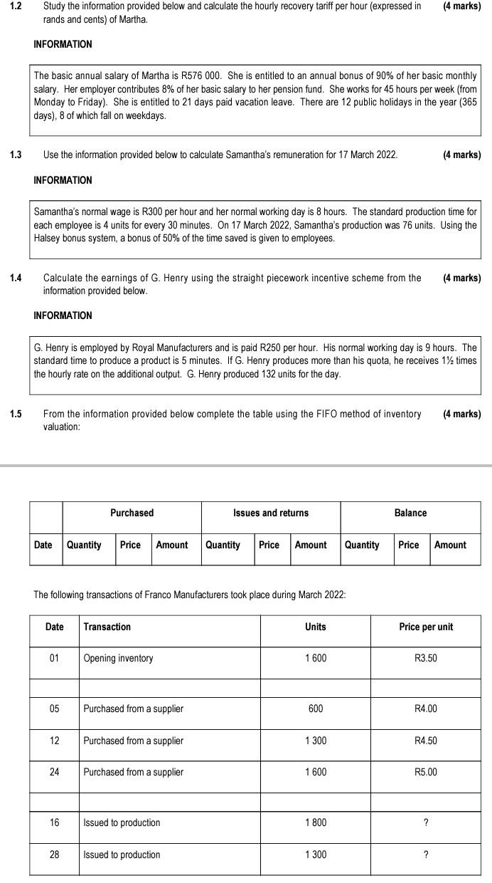  1.2 1.3 1.4 1.5 Study the information provided below and calculate