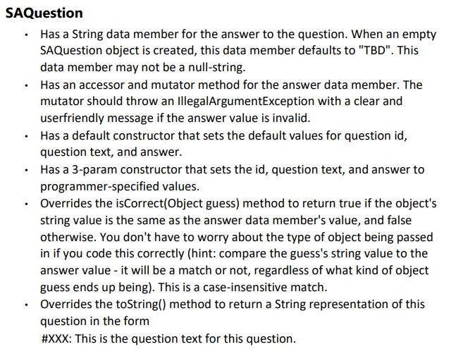 array of question objects). The TFQuestion class models a True-False type of