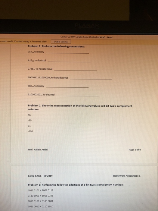  Please, help me solve these. Comp 122 HW 1.0 take home