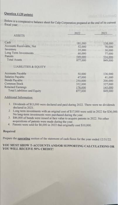  Question 4 (20 points) Below is a comparative balance sheet for