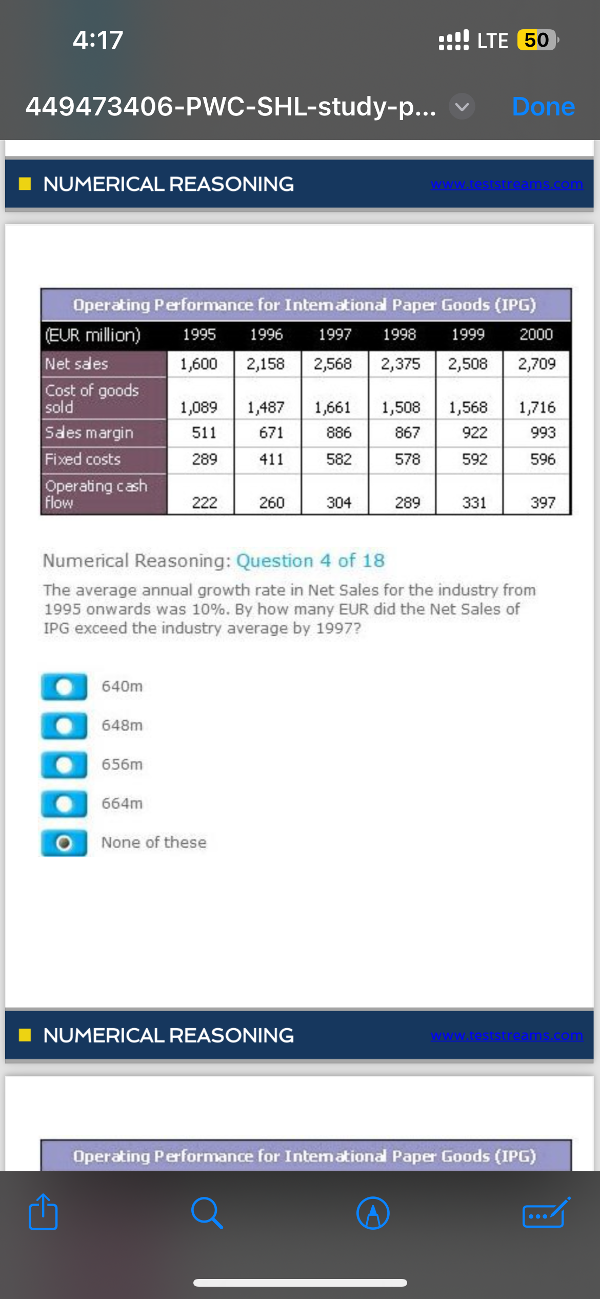  4:17 :## LTE 50 449473406-PWC-SHL-study-p... NUMERICAL REASONING www.teststreams.com \table[[Dperating Performance for