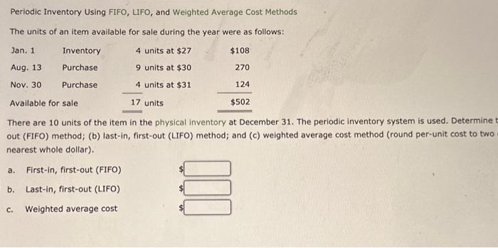  Periodic Inventory Using FIFO, LIFO, and Weighted Average Cost Methods The