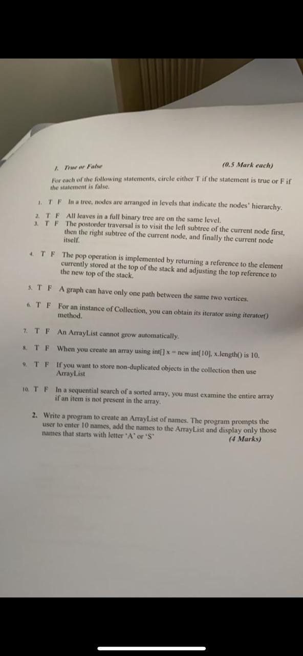  The ar Falve (0.5 Mark each) For each of the following