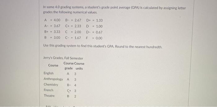  In some 40 grading systems, a student's grade point average (GPA)
