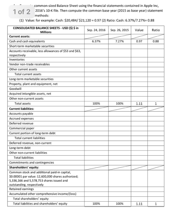  common-sized Balance Sheet using the financial statements contained in Apple Inc,
