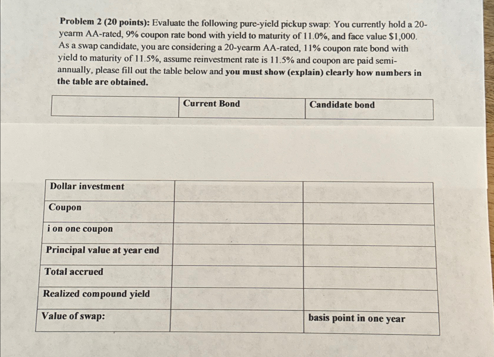  Problem 2(20 points): Evaluate the following pure-yield pickup swap: You currently