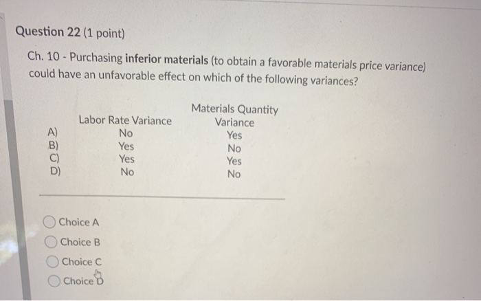  Question 22 (1 point) Ch. 10 - Purchasing inferior materials (to