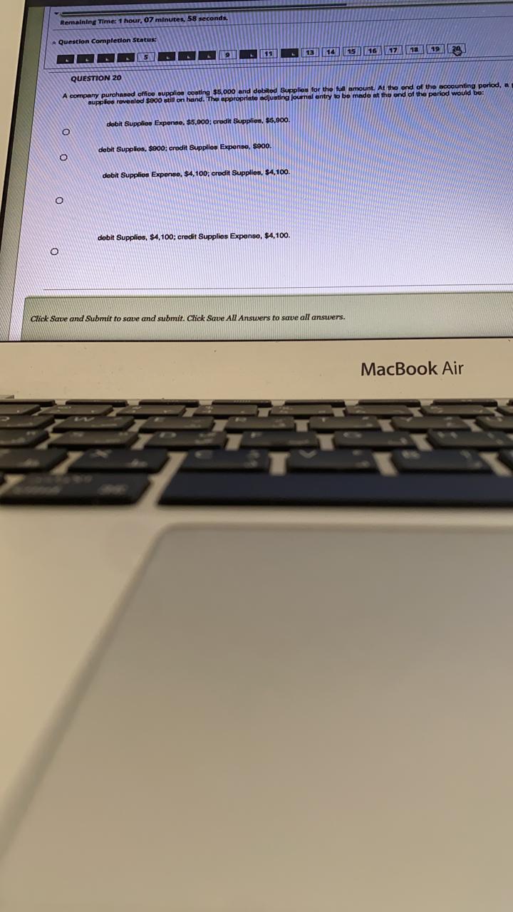  Remaining Time: 1 hour, 07 minutes, 58 seconds. Question Completion Status: