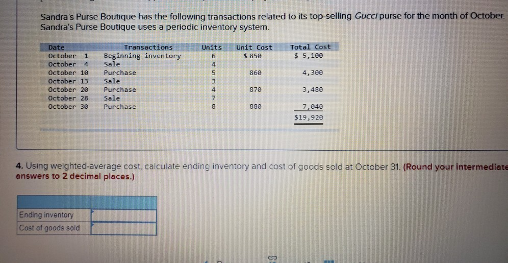 month of October Sandra's Purse Boutique uses a periodic inventory system. Units