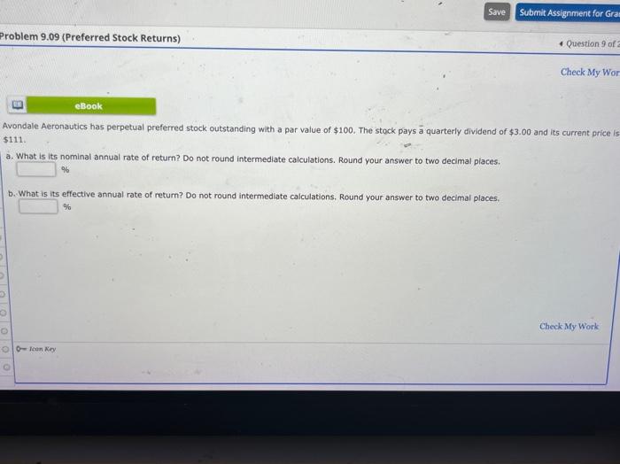  Problem 9.09 (Preferred Stock Returns) O 00 eBook Save Icon Key