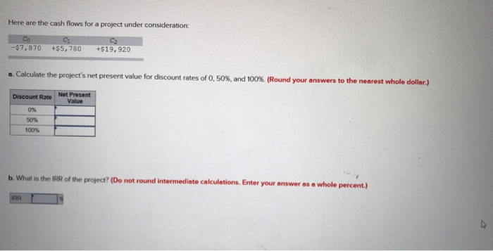  Here are the cash flows for a project under consideration: $7,870