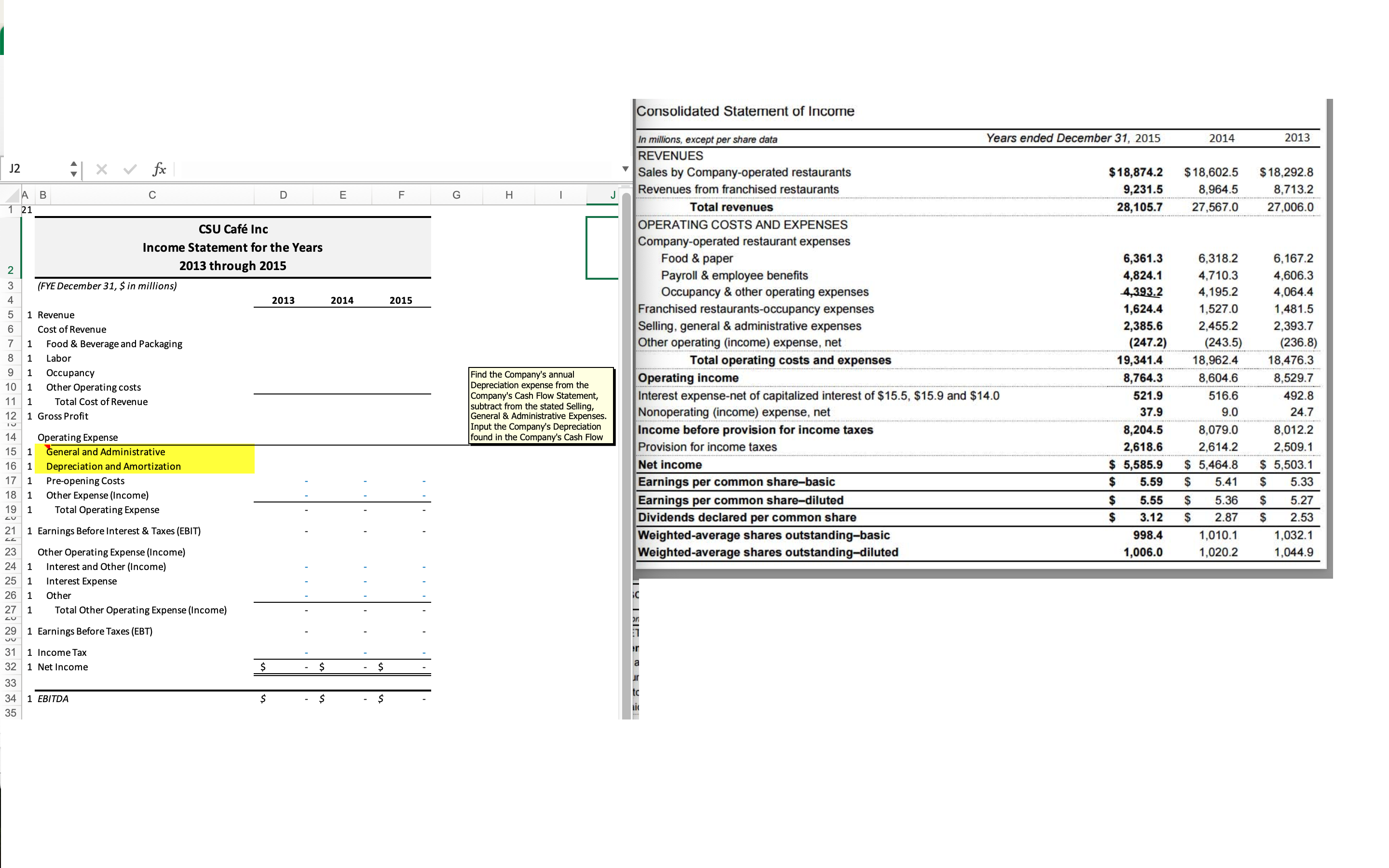 COMPLETE THE EXCEL SHEET WITH THE DATA PROVIDED ADDITIONALLY DEPRECIATION AND AMORTIZATION