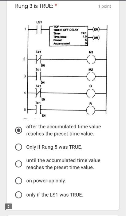  Rung 3 is TRUE: 1 point LS1 TOF TIMER OFF DELAY