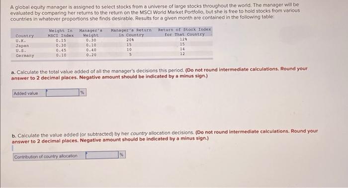  A global equity manager is assigned to select stocks from a
