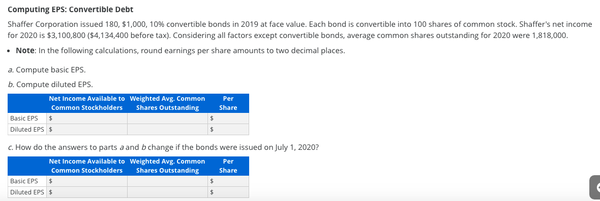 Computing EPS: Convertible Debt Shaffer Corporation issued 180, $1,000, 10% convertible