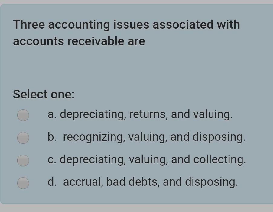 Three accounting issues associated with accounts receivable are Select one: a.