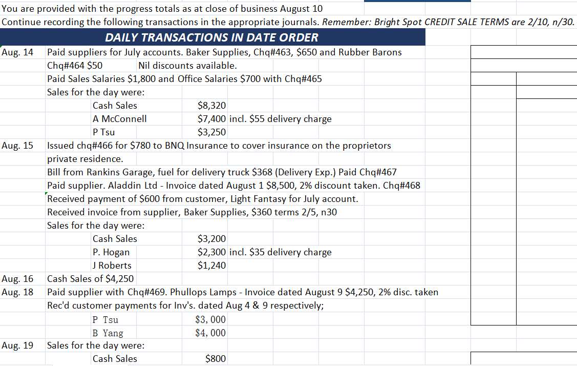  excel question You are provided with the progress totals as at