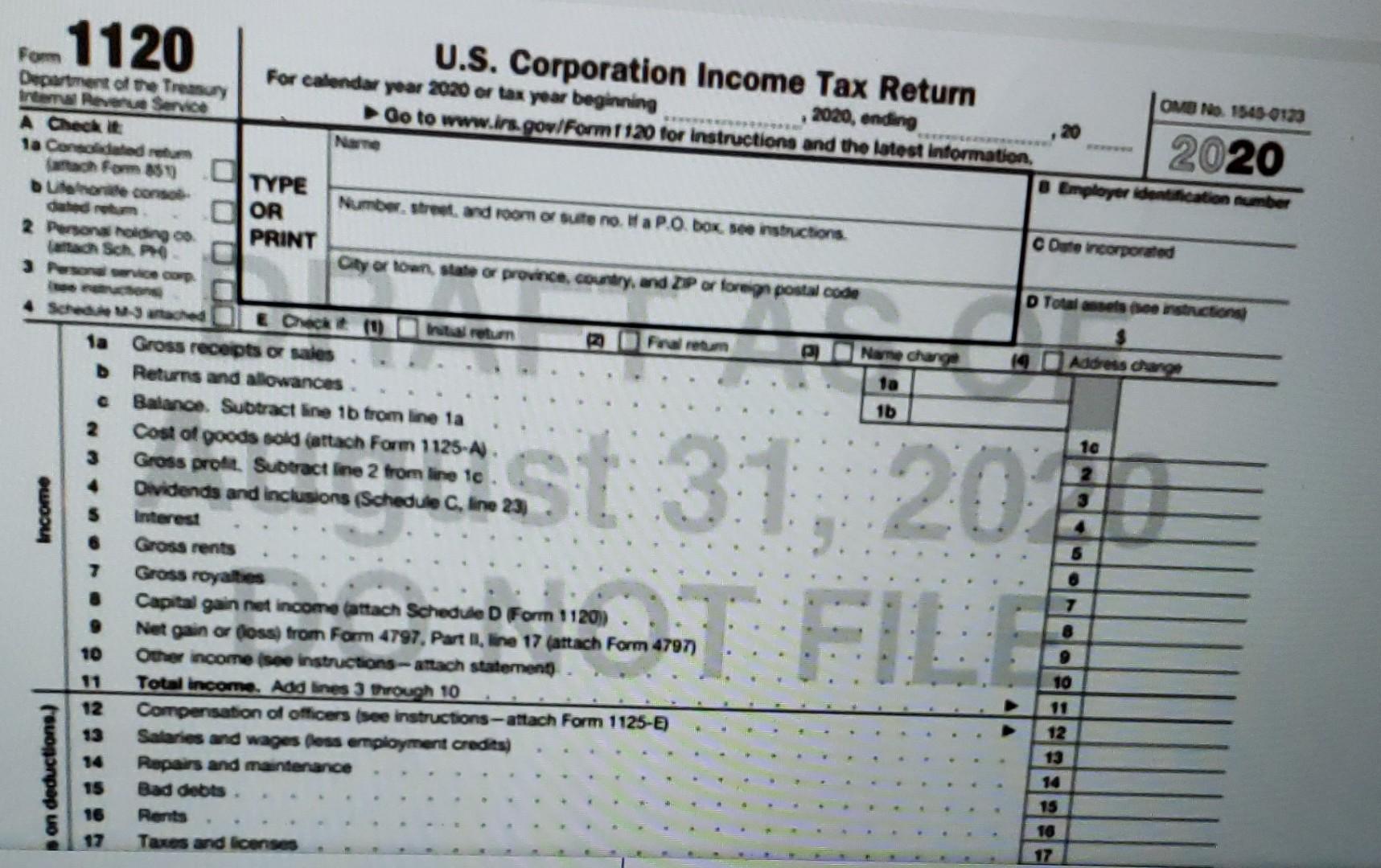 EIN is 91-1111111. The corporation's income statement for the year and the