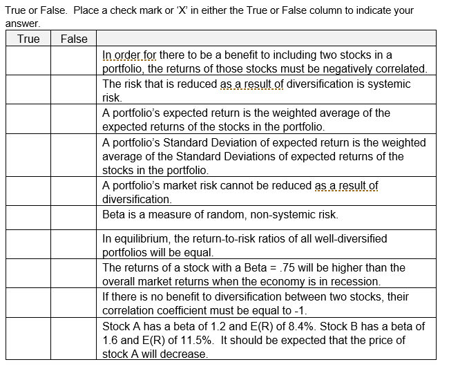 True or False. Place a check mark or X in either