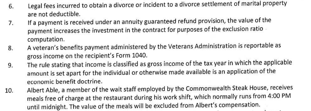 Please answer all question. True Or False 6. 7. 8. Legal fees