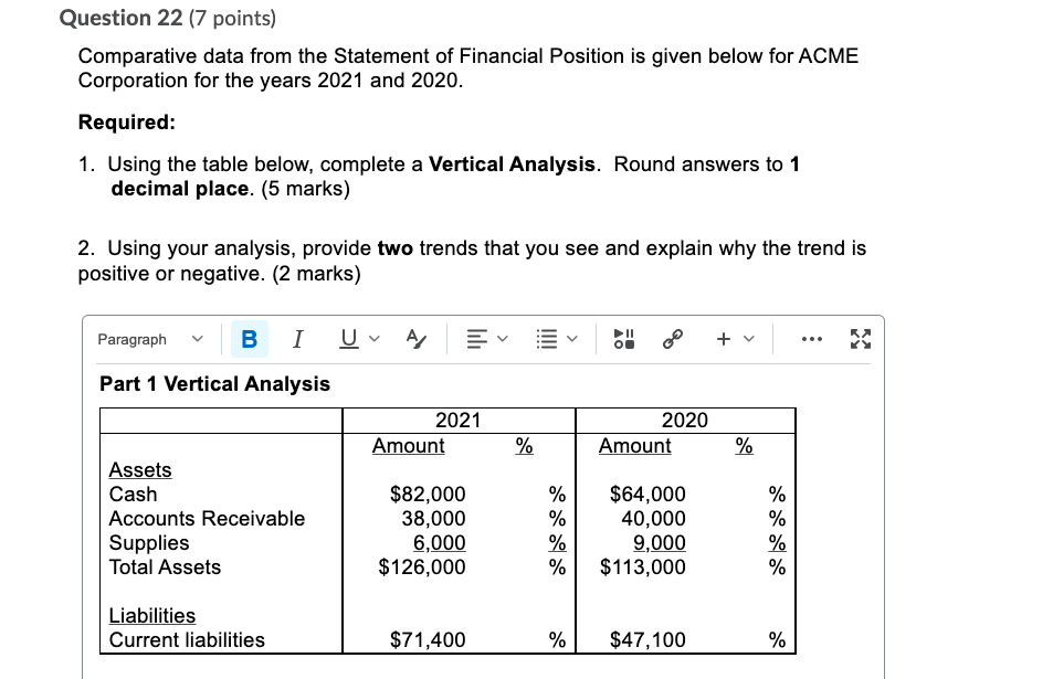  Question 22 (7 points) Comparative data from the Statement of Financial