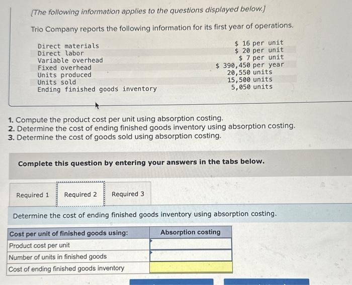 unit using absorption costing. [The following information applies to the questions displayed