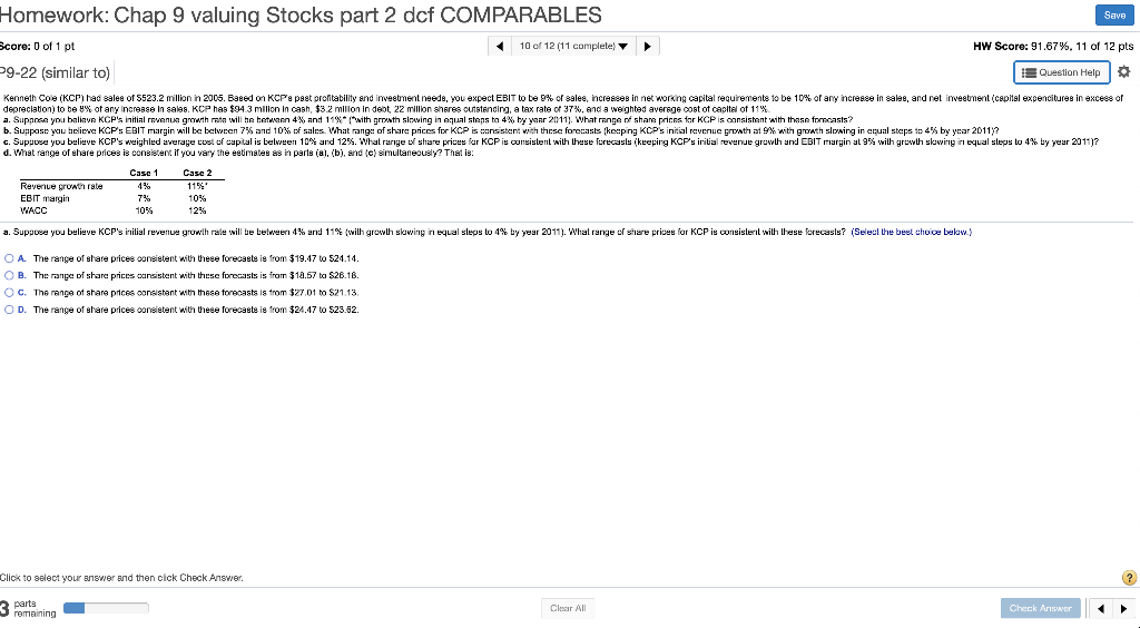Homework: Chap 9 valuing Stocks part 2 dcf COMPARABLES Save Score: