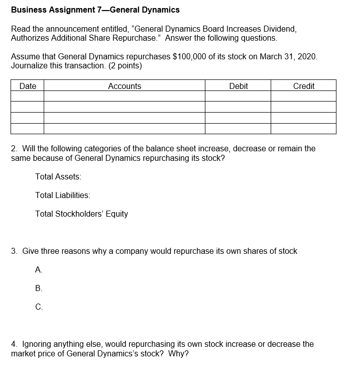  Business Assignment 7General Dynamics Read the announcement entitled, General Dynamics Board