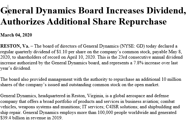 Increases Dividend, Authorizes Additional Share Repurchase." Answer the following questions. Assume that