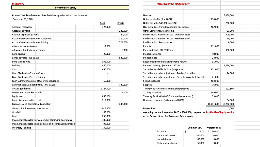  Problem #5 Please type your solution below Stockholders' Equity Bryanna's Baked