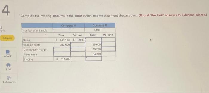  Compute the missing amounts in the contribution income statement shown below: