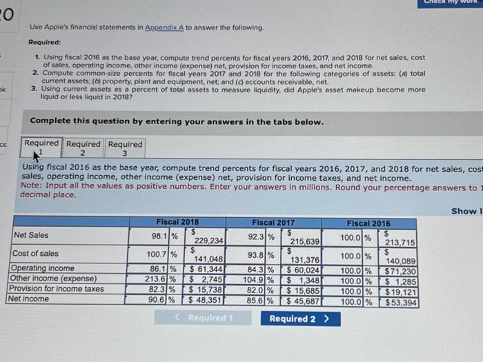 Required: 1. Using fiscal 2016 as the base year, compute trend percents