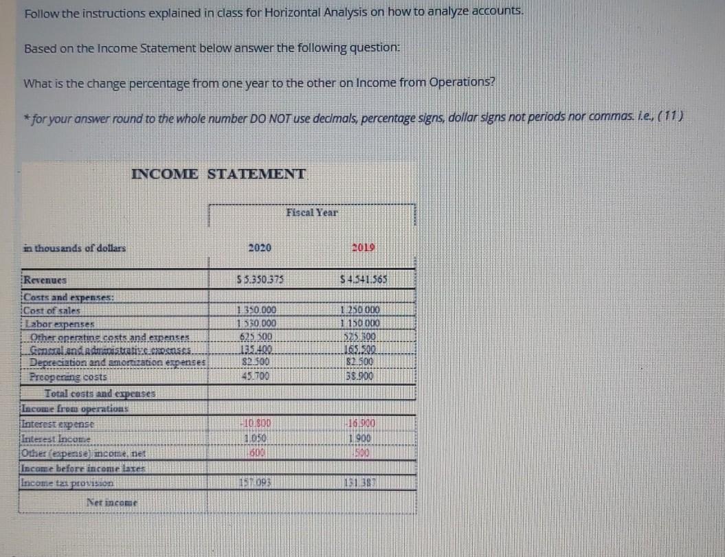 Follow the instructions explained in class for Horizontal Analysis on how
