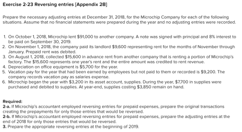  Exercise 2-23 Reversing entries (Appendix 2B] Prepare the necessary adjusting entries