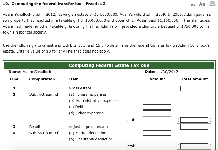 10. Computing the federal transfer tax Practice 2 Aa Aa E