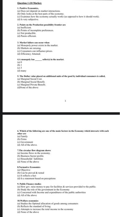  Question 1 10 Marks 1. Pasithe Economics, (6) Does not depend