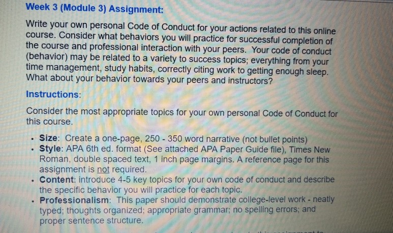  Week 3 (Module 3) Assignment: Write your own personal Code of