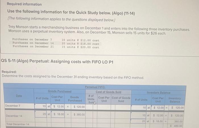  Required information Use the following information for the Quick Study below.