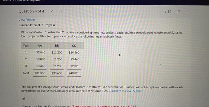 Blossom's Custom Construction Company is considering three new projects, each requiring