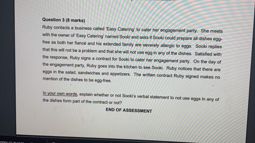  Question 3 (8 marks) Ruby contacts a business called 'Easy Catering'