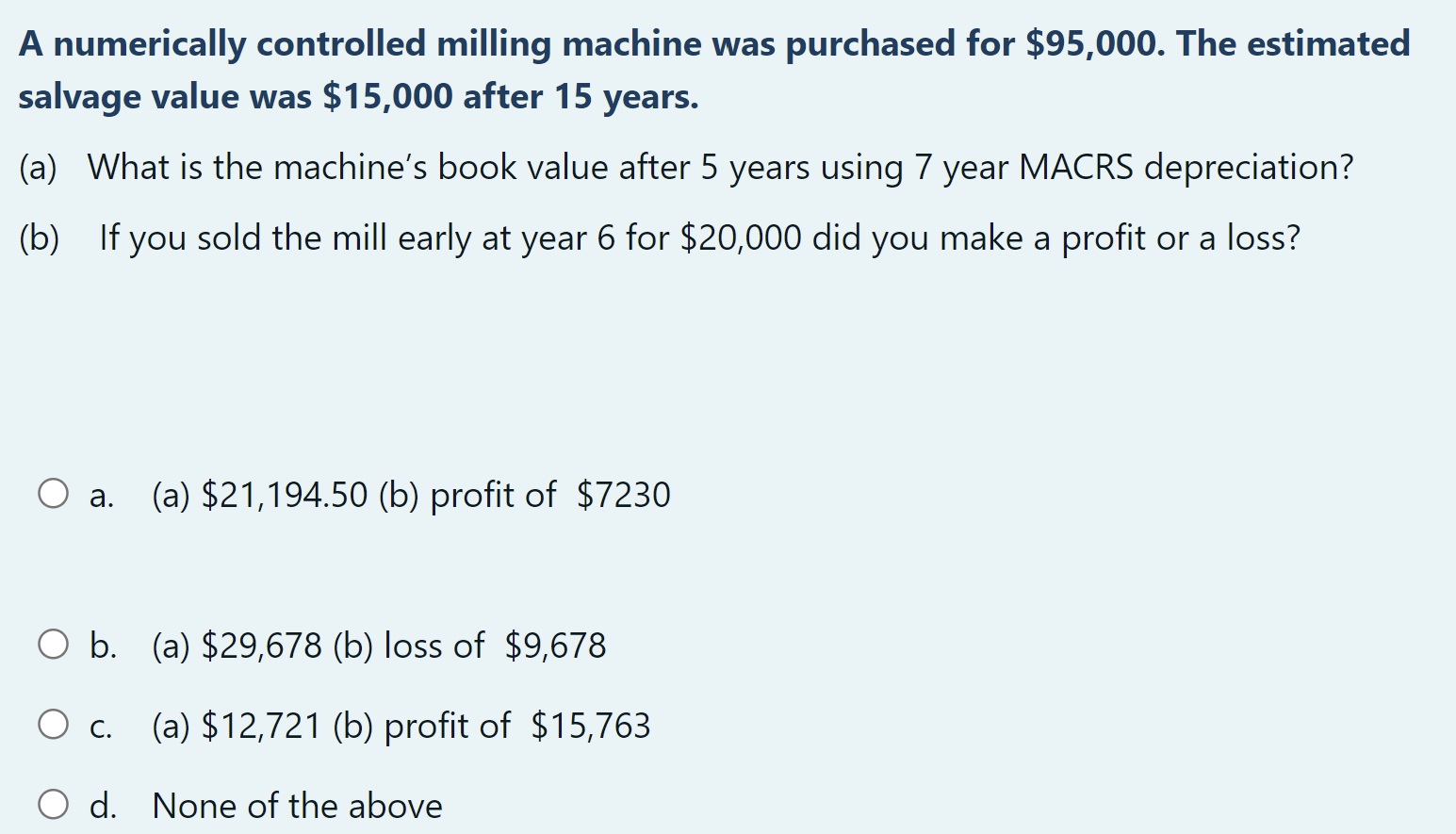 A numerically controlled milling machine was purchased for $95,000. The estimated