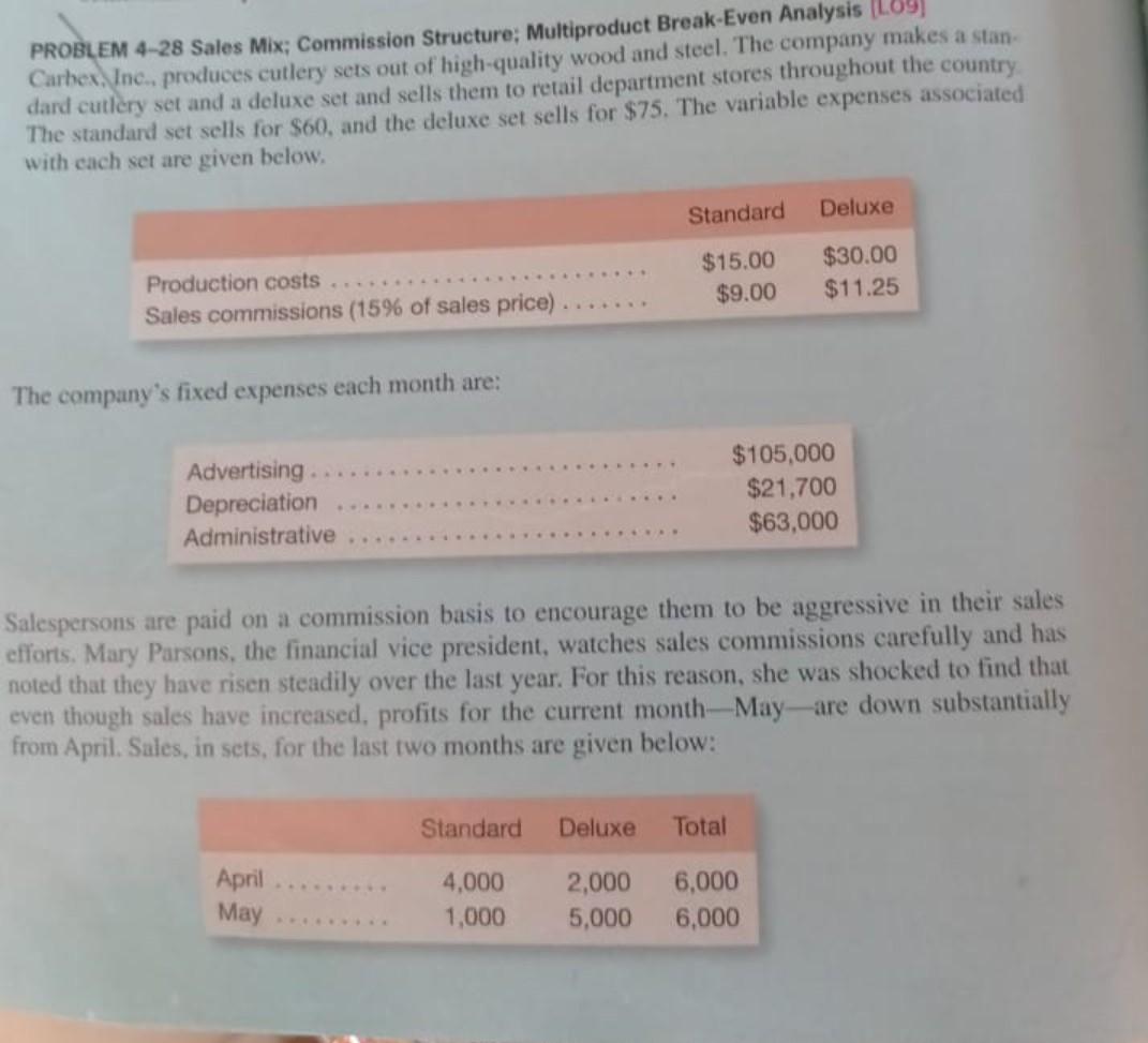  PROBLEM 4-28 Sales Mix; Commission Structure: Multiproduct Break-Even Analysis (109) Carhex,