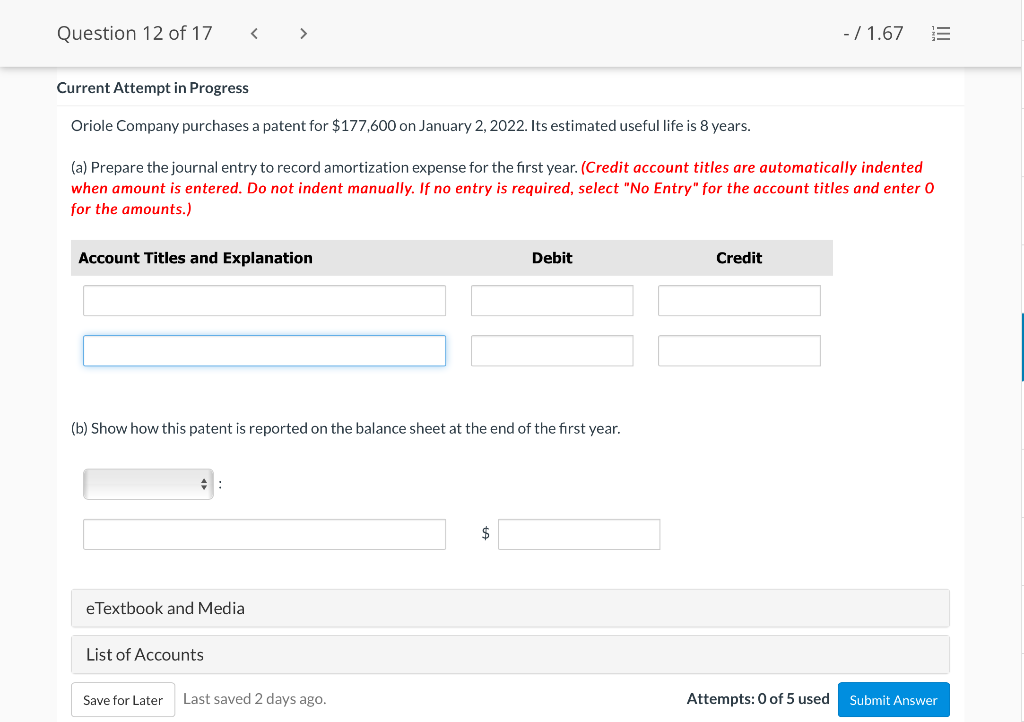 Question 12 of 17 - / 1.67 E Current Attempt in