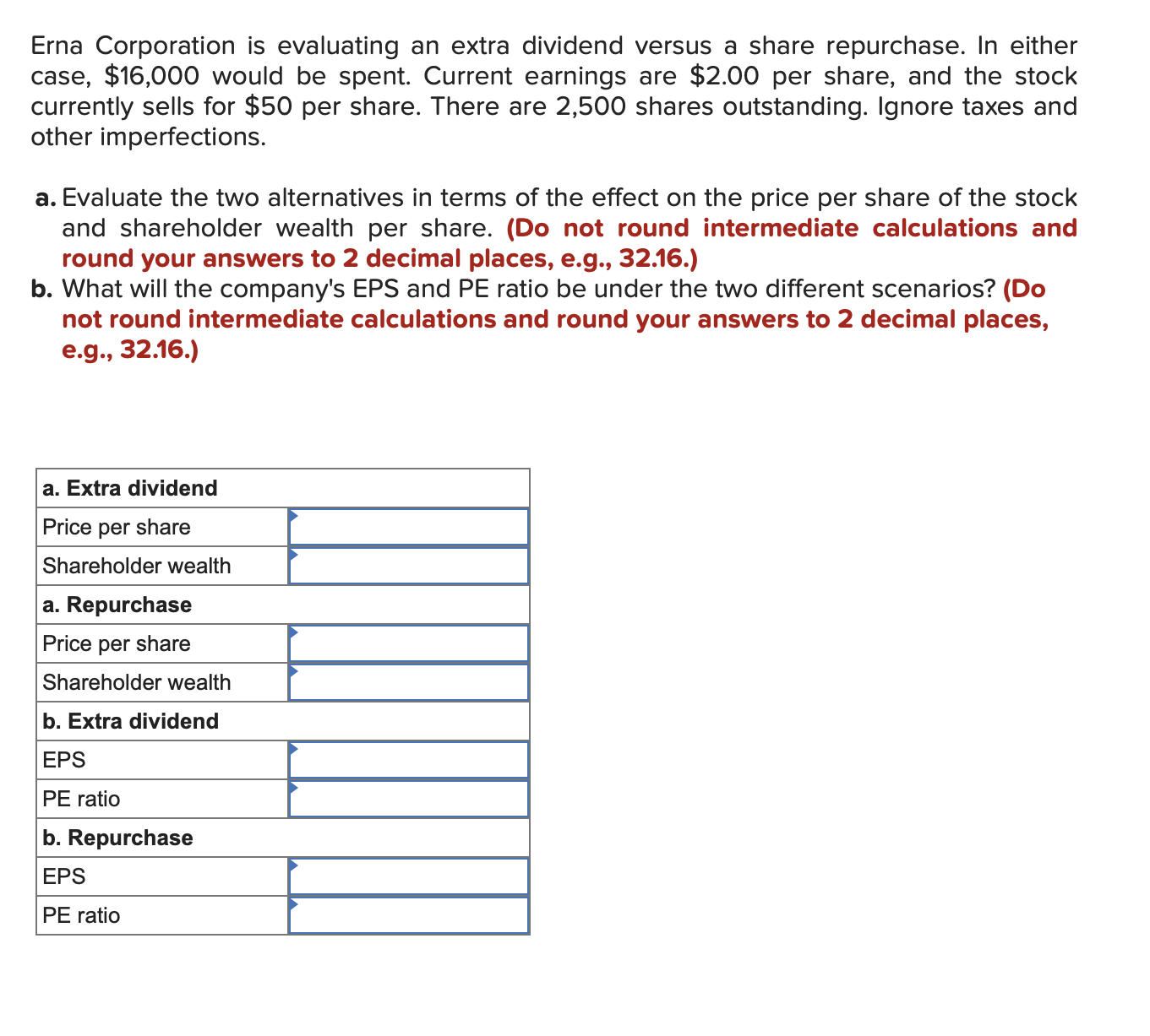 Erna Corporation is evaluating an extra dividend versus a share repurchase.