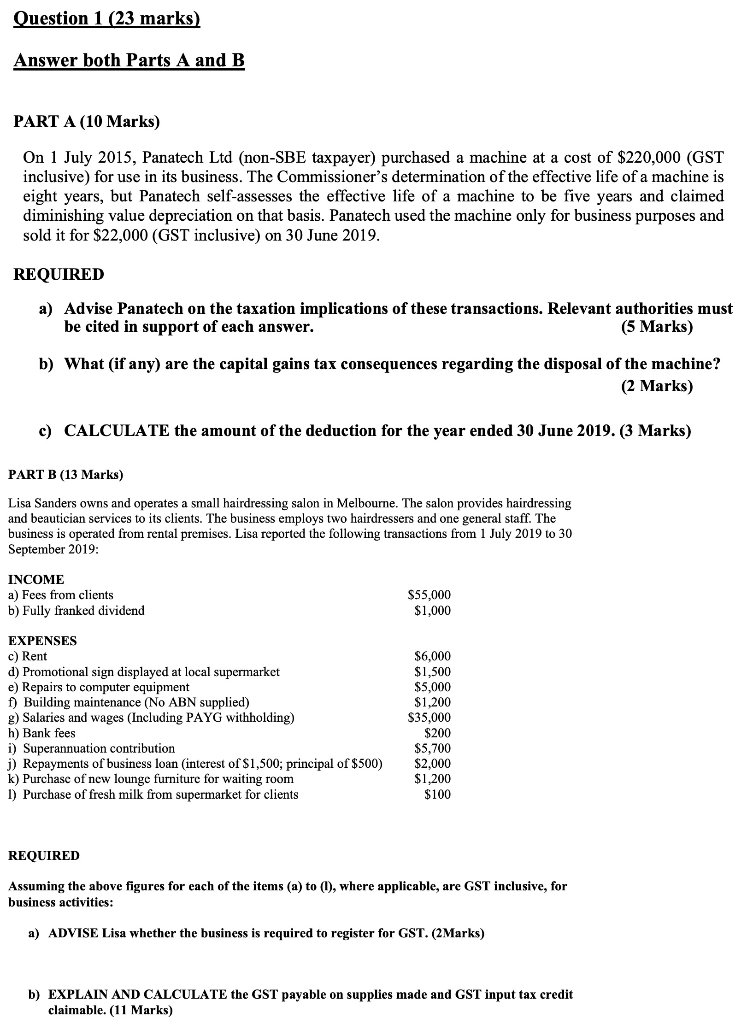 Question 1 (23 marks) Answer both Parts A and B PART