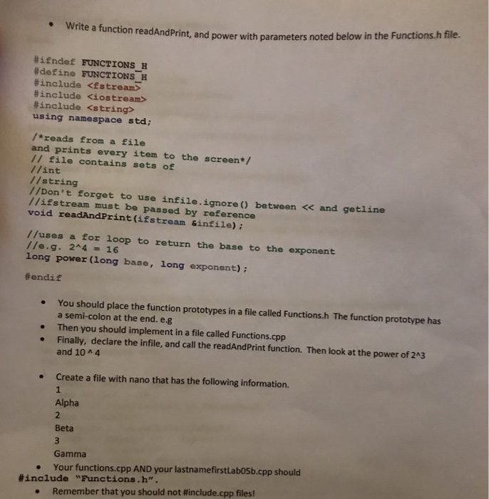  Write a function readAndPrint, and power with parameters noted below in