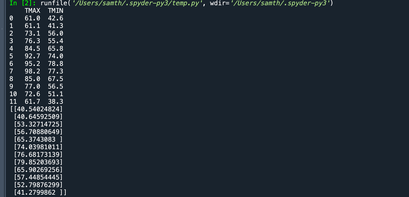 the out put as well please! In [2]: runfile( '/Users/samth/.spyder-py3/temp.py', wdir='/Users/samth/.spyder-py 3