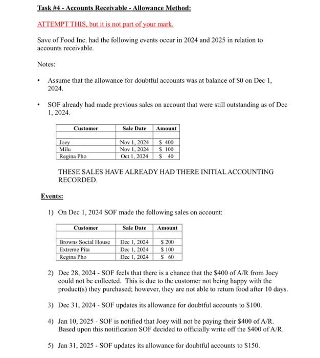  Task \#4 - Accounts Receivable - Allowance Method: ATTEMPT THIS, but