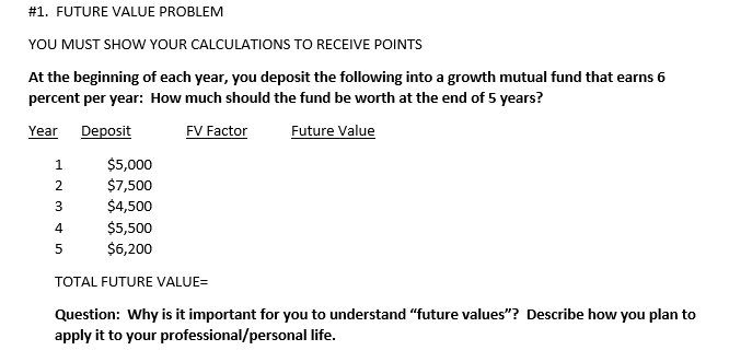 #1. FUTURE VALUE PROBLEM YOU MUST SHOW YOUR CALCULATIONS TO RECEIVE